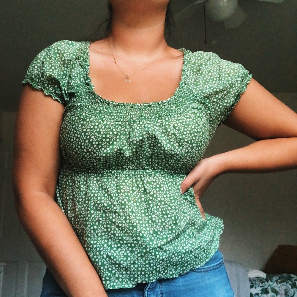 SOLD Green Tiny White Floral Print Cinch Waist Top